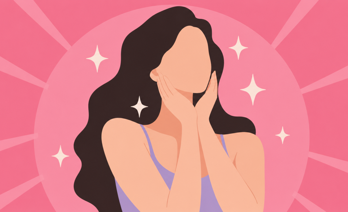 Illustration of a woman touching her face with both hands, surrounded by sparkles against a pink background.