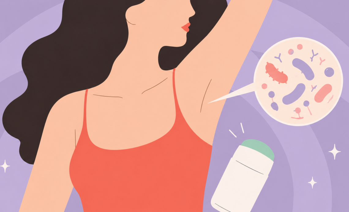 Illustration of a woman raising her arm, with a magnified view of microorganisms and a deodorant stick beside her.