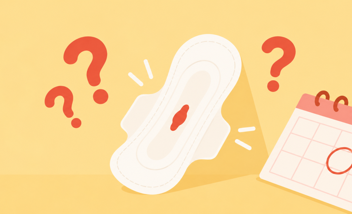 A sanitary pad with a small blood spot, question marks, and a calendar marking a period date, illustrating concerns about a light first period.